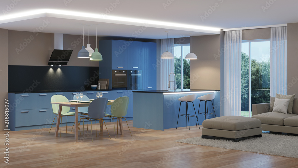 Modern house interior. Blue Kitchen. Night. Evening lighting. 3D rendering. Modern house interior. Blue Kitchen. Night. Evening lighting. 3D rendering.