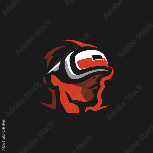 Man in the glasses of virtual reality. Cybersport vector logo, VR emblem