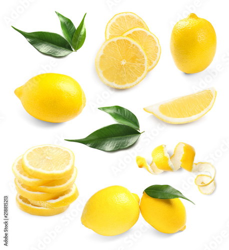 Set with fresh lemons on white background