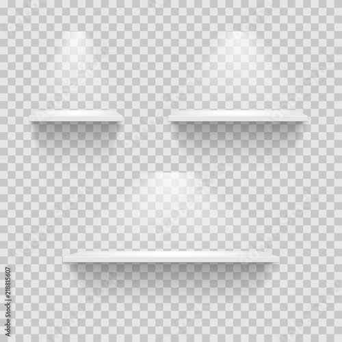 Set of empty white shelves isolated on transparent background. Vector design elements.