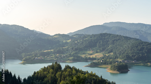 Landscape view from the height on Zaovine lake  hills  mountains and forest in Tara park in Serbia