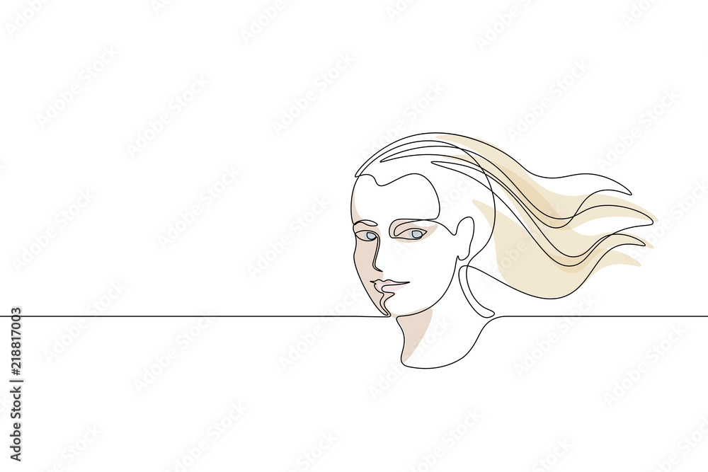 Continuous one single line art girl face concept. Beautiful woman portrait  fashion hair hand drawn sketch. Beauty happy smiling young lady side head  black white monochrome vector illustration Stock Vector | Adobe