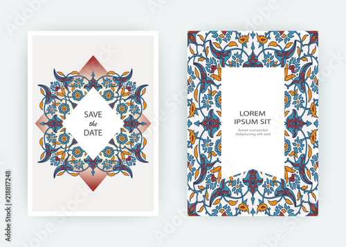 Arabesque floral decoration print, border design template vector. Oriental flowers style pattern. Eastern motif element. Ornamental frame illustration background invite, greeting card, wedding