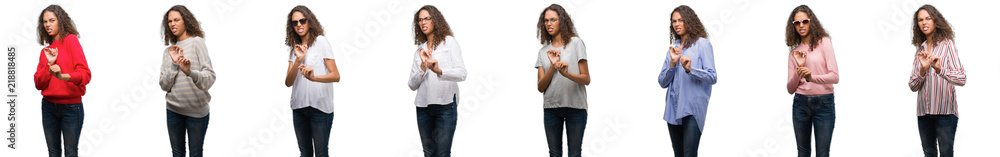 Composition of young brazilian woman isolated over white background disgusted expression, displeased and fearful doing disgust face because aversion reaction. With hands raised. Annoying concept. Composition of young brazilian woman isolated over white background disgusted expression, displeased and fearful doing disgust face because aversion reaction. With hands raised. Annoying concept.