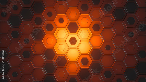 Hexagonal geometric background. Abstract structure of lots of different height hexagons with glow in center. Creative honeycomb surface. Top view. Cell elements pattern. 3d rendering