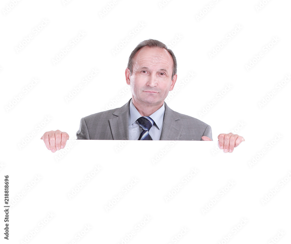 businessman with blank white poster. Isolated on white businessman with blank white poster. Isolated on white