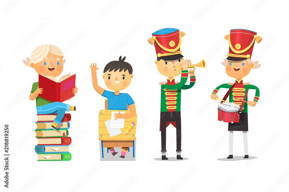 Set of children at school participating in various activities offered by educational process. Set of children at school participating in various activities offered by educational process.