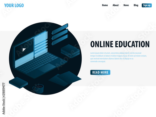 Online education concept. Online training courses, specialization, university studies. Isometric vector illustration.