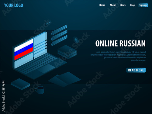 Online Learning Russian. Education concept, Online training, specialization, university studies. Isometric vector illustration.