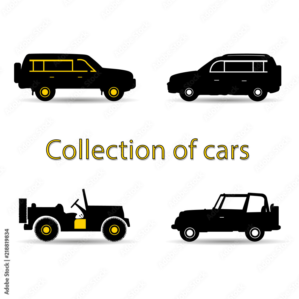 Naklejka premium Collection of cars, black and yellow silhouette on white background,