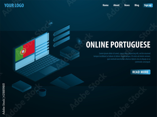 Online Learning Portuguese. Education concept, Online training, specialization, university studies. Isometric vector illustration.