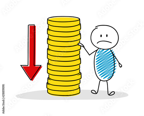 Business concept with hand drawn stickman showing coin stack. Vector.