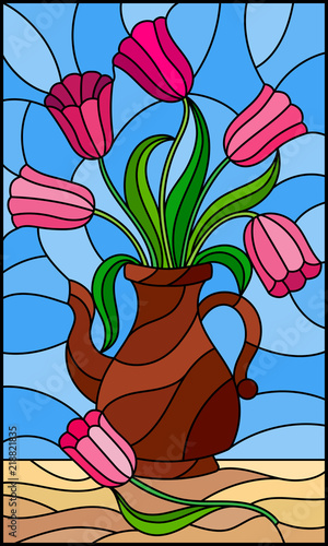 Illustration in stained glass style with still life,  jug with pink  tulips on a blue background