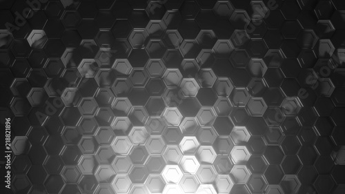 Hexagonal geometric background. Abstract structure of lots of different height metal hexagons with glowing light in down side. Creative honeycomb surface. Top view. Cell pattern. 3d rendering
