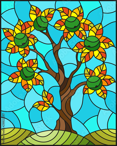Illustration in stained glass style with an  apple tree standing alone on a hill against the sky