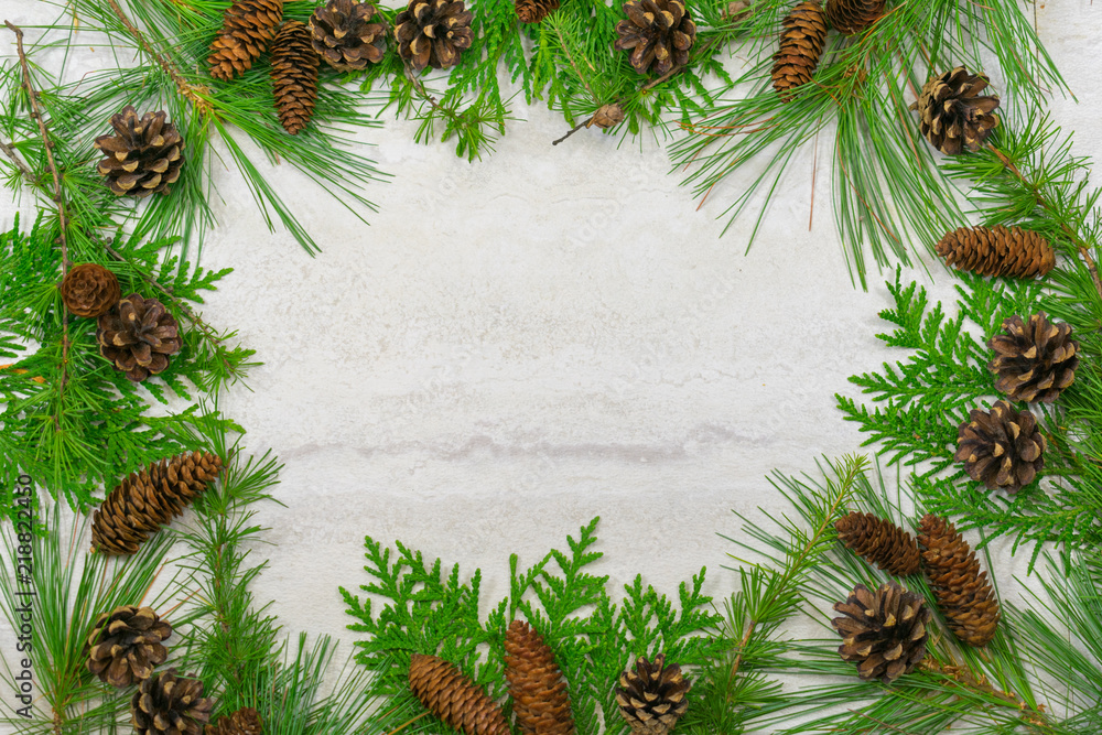Border of evergreen branches and pine cones, Border of evergreen branches and pine cones,