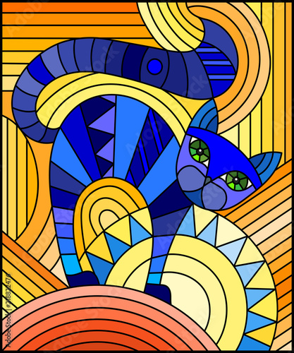Illustration in stained glass style with abstract blue geometric cat on an orange background