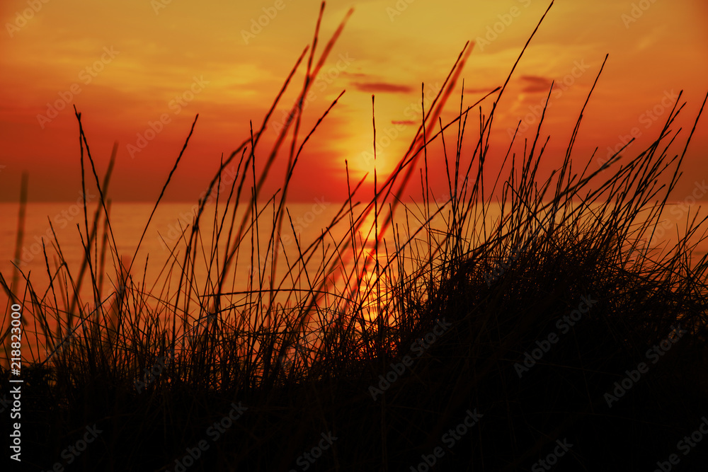 Sunset at the beach with a red sky and grass in the foreground
