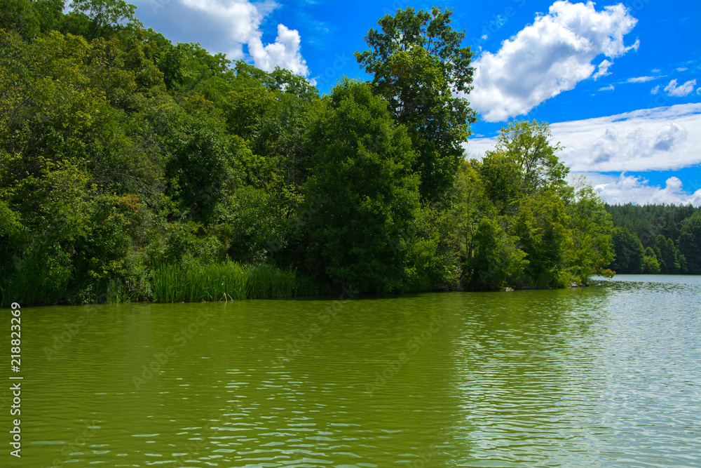 A beautiful image of landscape from the center of the river, surrounded by trees and reeds on the shore and distant horizon against the blue sky in clouds. Reflection, water, tourist destination A beautiful image of landscape from the center of the river, surrounded by trees and reeds on the shore and distant horizon against the blue sky in clouds. Reflection, water, tourist destination