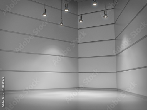 Empty room Pedestal for display Blank product stand with lamps light spot .3D rendering.