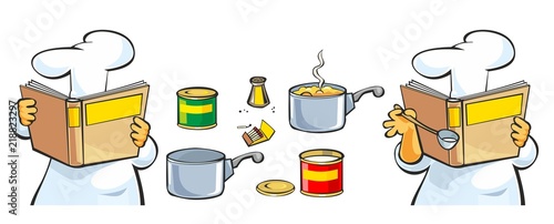 Chef preparing soup and reading recipe cookbook.