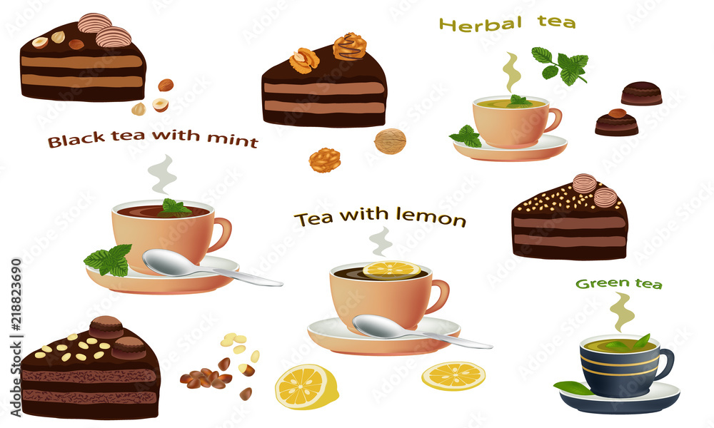 Black coffee, tea, herbal tea, green tea and pieces chocolate cake with chocolate cream and nuts isolated on white background. Cakes sliced. Vector illustration. Black coffee, tea, herbal tea, green tea and pieces chocolate cake with chocolate cream and nuts isolated on white background. Cakes sliced. Vector illustration.