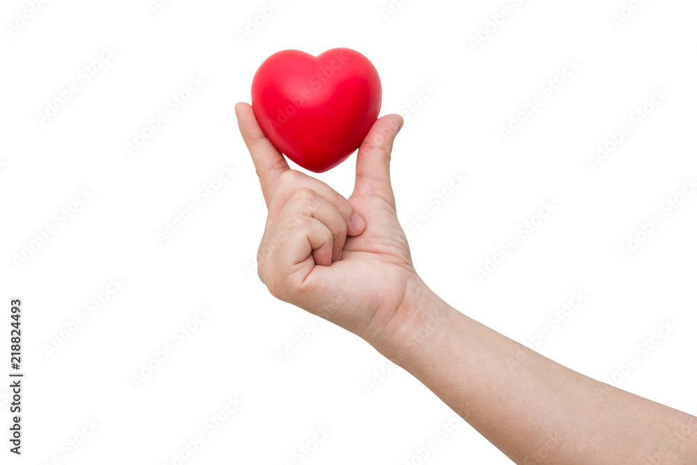 Red heart ball : Stress reliever foam ball the red heart shape on woman hand isolated on white background with clipping path