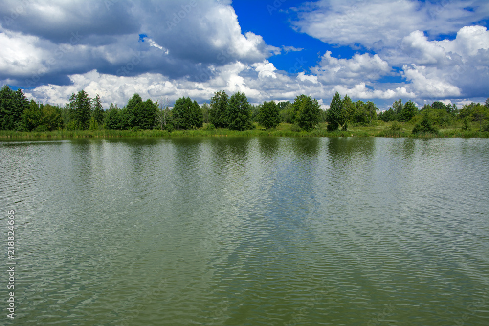 Fototapeta premium A beautiful image of landscape from the center of the river, surrounded by trees and reeds on the shore and distant horizon against the blue sky in clouds. Reflection, water, tourist destination