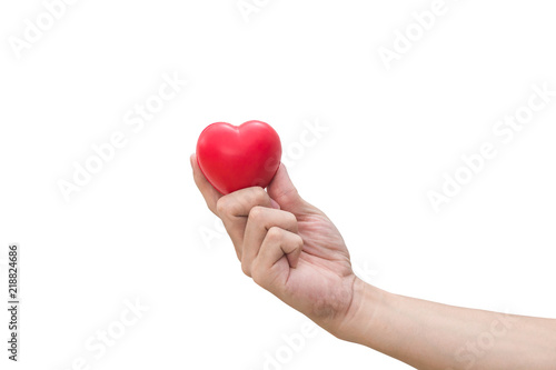 Fototapeta Naklejka Na Ścianę i Meble -  Red heart ball : Stress reliever foam ball the red heart shape on woman hand isolated on white background with clipping path