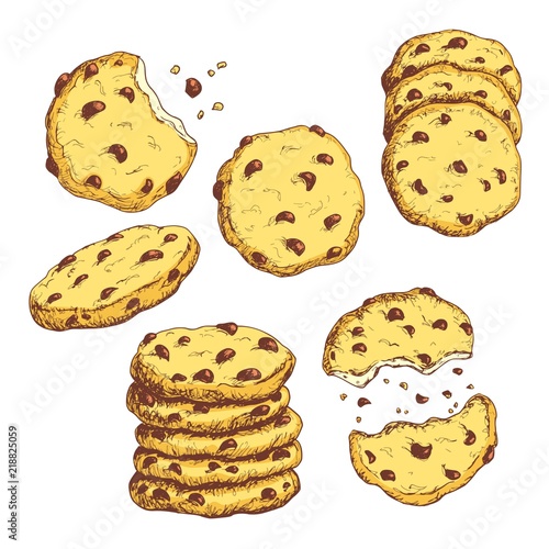 Sketch colorful sketch cookies set illustration, draft silhouette drawing, isolated on white background. Delicious vintage etching food design.