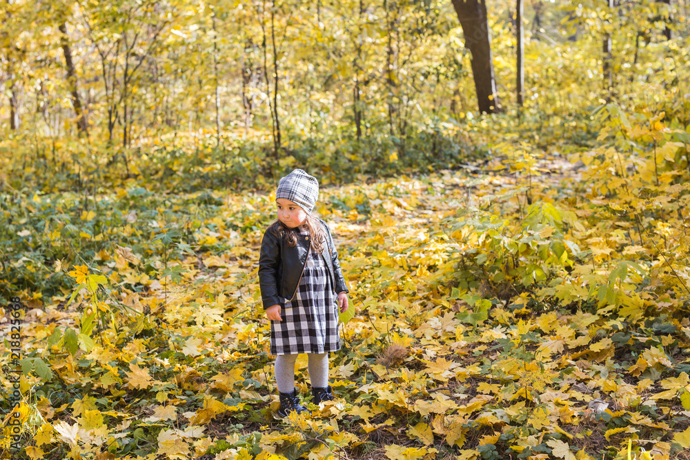 Family, children and season concept - little happy child girl walking in the autumn park