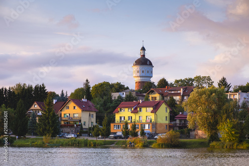 Fototapeta Naklejka Na Ścianę i Meble -  Elk, Poland - Panoramic view of the town of Elk with a historic water-tower at the Elckie lake