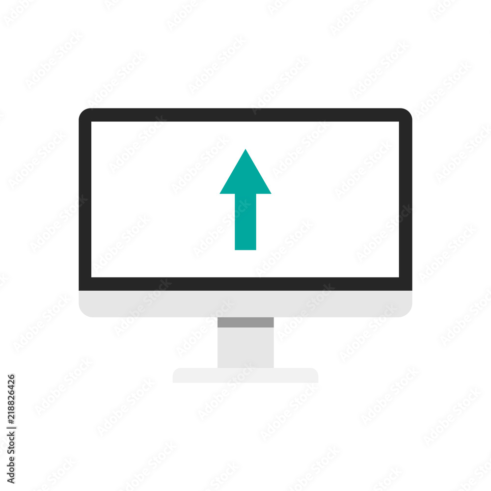 Blue arrow up on the computer screen. Flat icon.Concept of growth, increasing and success. Blue arrow up on the computer screen. Flat icon.Concept of growth, increasing and success.