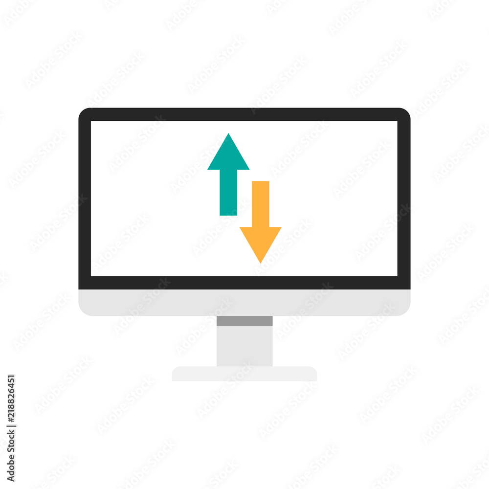 Flip Vertical arrows on the computer screen vector icon. Blue and orange opposite arrows. Flat icon. Exchange icon. . Flip Vertical arrows on the computer screen vector icon. Blue and orange opposite arrows. Flat icon. Exchange icon. .