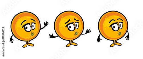 Orange cartoon smiles, surprised and sad and waves his hand