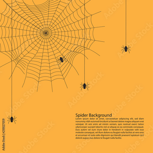 Halloween background concept : Spiders hanging on cobweb against orange background like a pumpkins for wallpaper, poster, advertising sale, banner website.