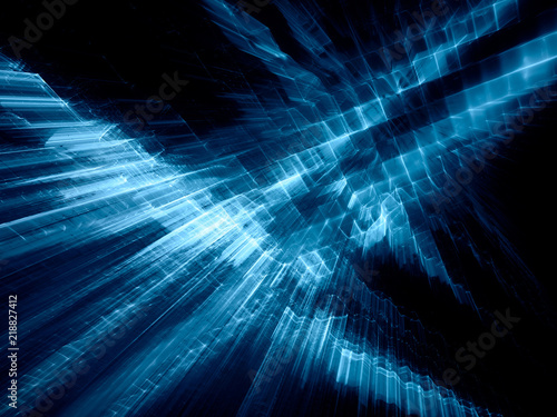 Abstract background element. Fractal graphics 3d illustration. Visualisation and information technology concept. Blue toned composition on black.