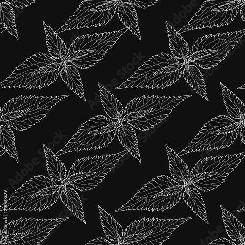 Monochrome floral pattern with leaves of nettle on  black  background. Seamless background.