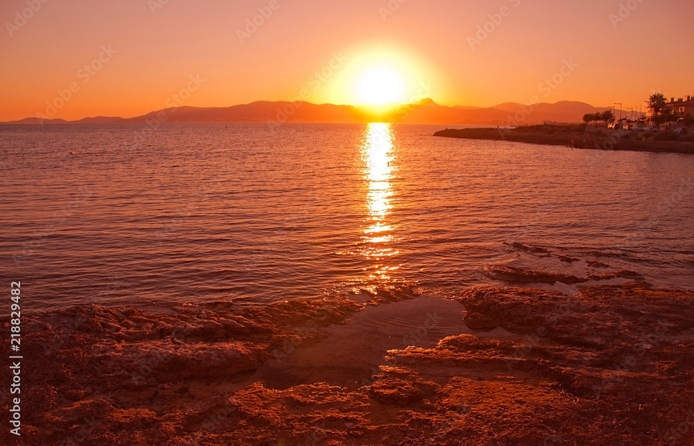 Beautiful romantic red summer sunset over Palma bay in Mallorca, Spain