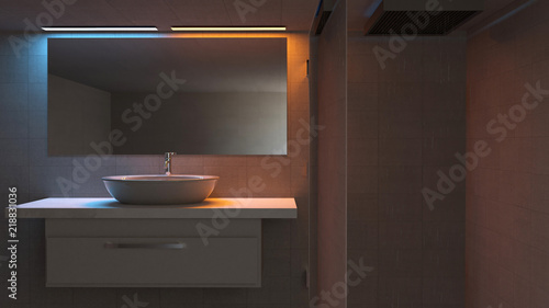 Particolare di un bagno, lavabo specchio e doccia. Bagno moderno e luci rilassanti. 3d rendering photo