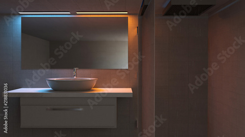 Particolare di un bagno, lavabo specchio e doccia. Bagno moderno e luci rilassanti. 3d rendering