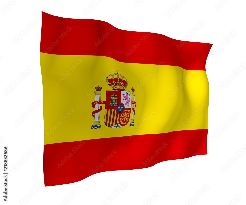 Obraz premium The flag of Spain. Official state symbol of the Kingdom of Spain. Concept: web, sports pages, language courses, travelling, design elements. 3d illustration