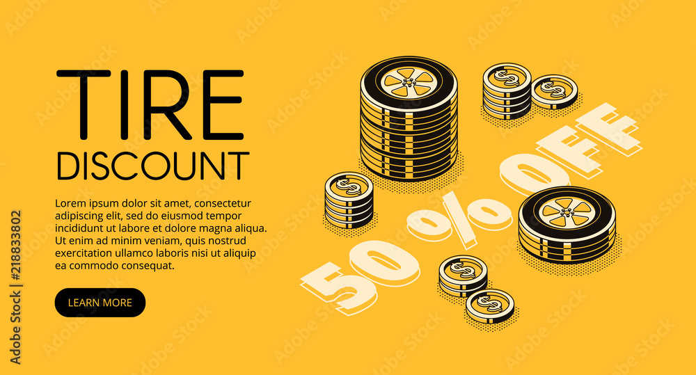 Tire discount vector illustration of car store or replacement and fitting service. 50 percent
