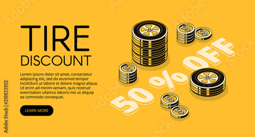 Tire discount vector illustration of car store or replacement and fitting service. 50 percent promo offer for automotive garage station isometric black thin line design on yellow halftone background