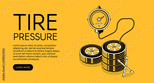 Tire pressure pumping vector illustration of car auto service station advertisement. Manometer and lug wrench tool in isometric black thin line design on yellow halftone background