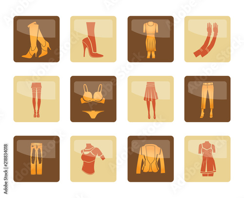 Woman and female clothes icons over brown background - vector icon set