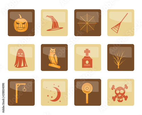 Halloween icon pack  with bat, pumpkin, witch, ghost, hat over brown background - vector icon set