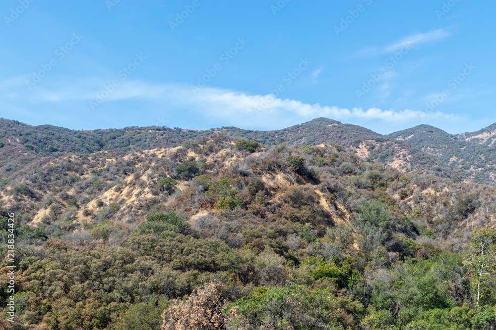 Mountains in late summer sun with blue sky and white clouds for copy space Mountains in late summer sun with blue sky and white clouds for copy space