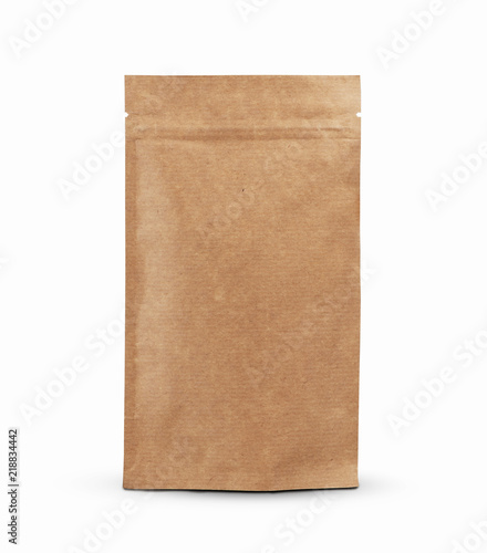 Brown paper food package bag isolated on white background.