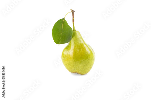 green pear with leaf isolated on white background
